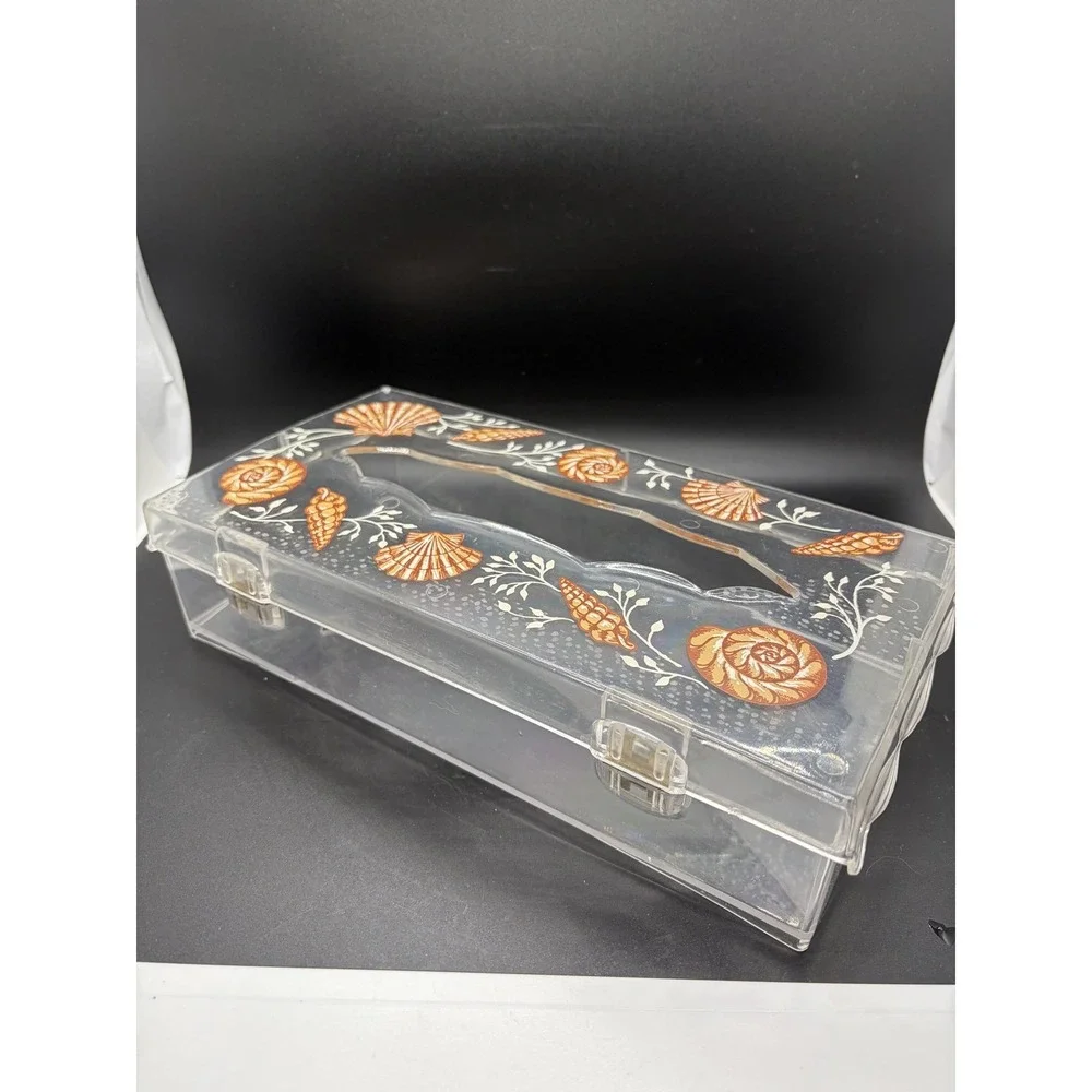 Wolff Tissue Box Holder Cover Clear‎ Lucite Acrylic Plastic Peach Seashells